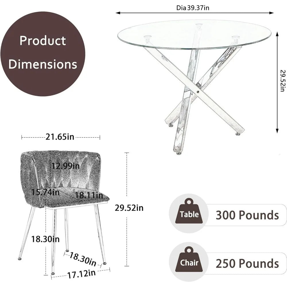 Modern Round Glass Dining Table Set for 4, 39'' Clear Circular Kitchen Table and Chairs Set,