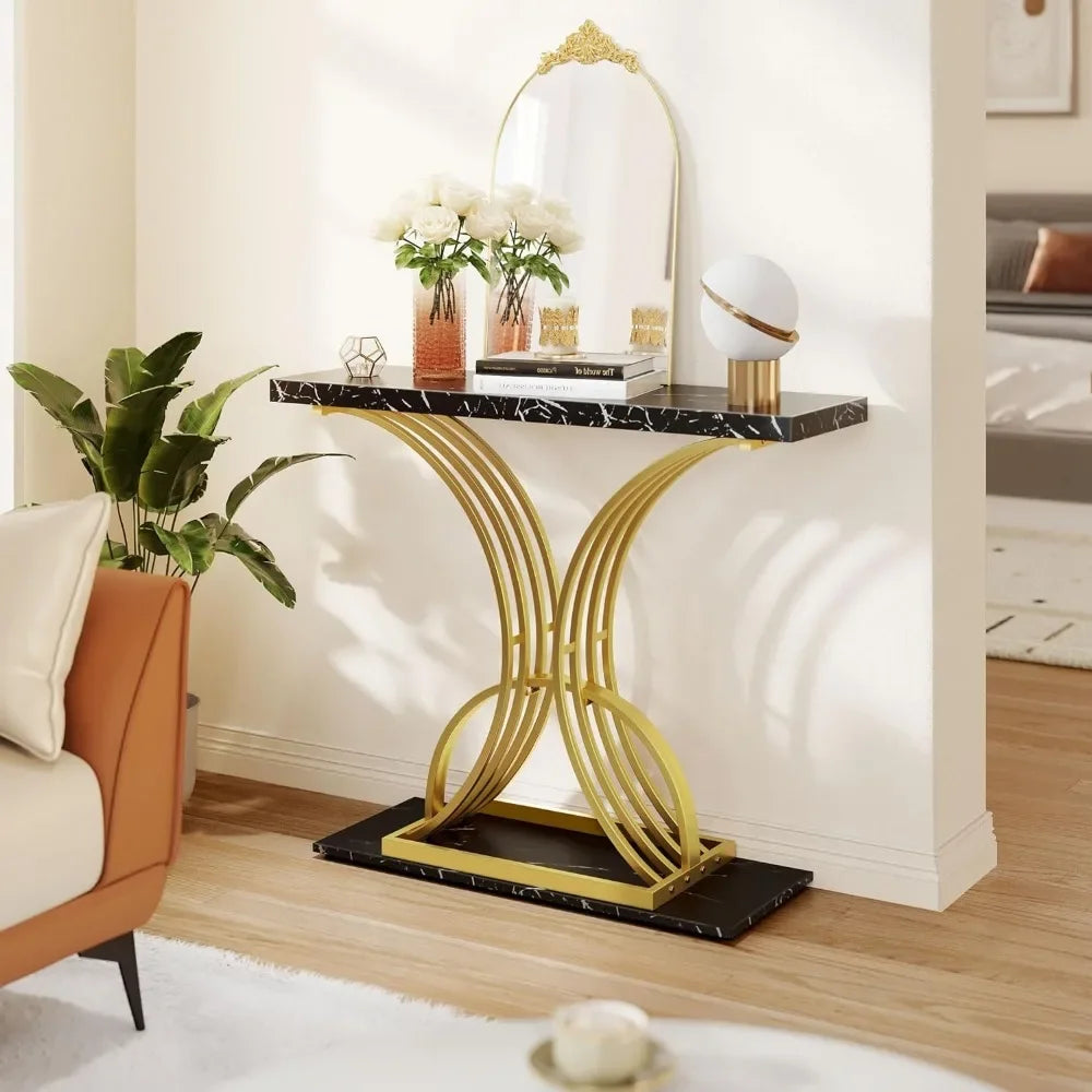 Gold Console Modern Hallway Table for 40 inch Entryway Sofa Table Faux Marble Black - theultimatemarketshop