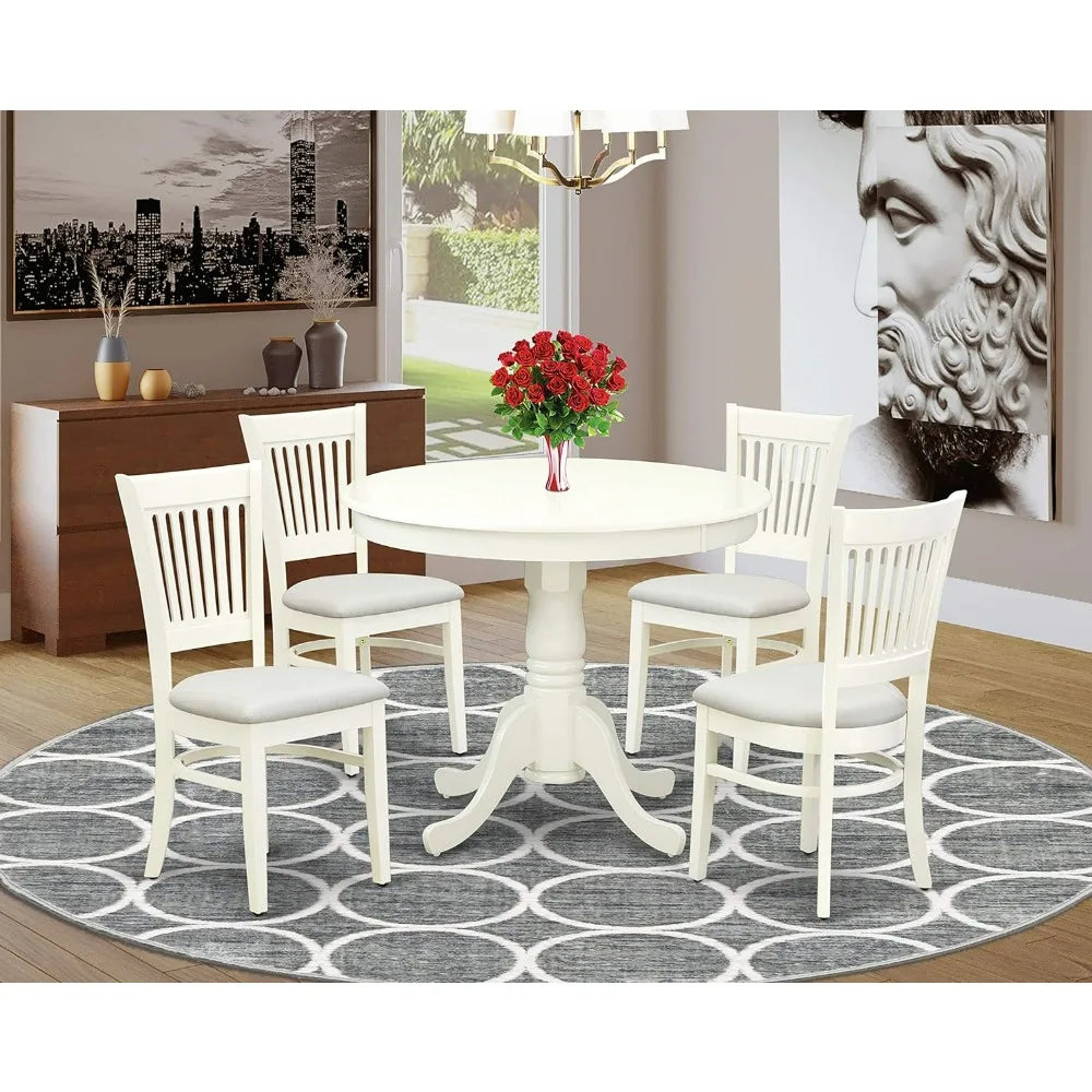 Dining Room Table Set 5 Piece Includes a Round Kitchen Table with Pedestal and 4 Linen Fabric Upholstered Dining Chairs