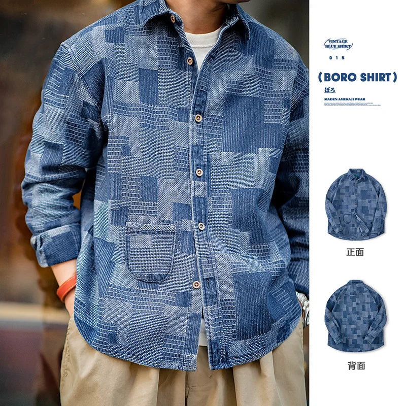 Maden Japanese Retro Boro Denim Shirts for Men Jacquard Patchwork Long-Sleeve Button Down Shirt Jacket Oversize Spring Outerwear - theultimatemarketshop