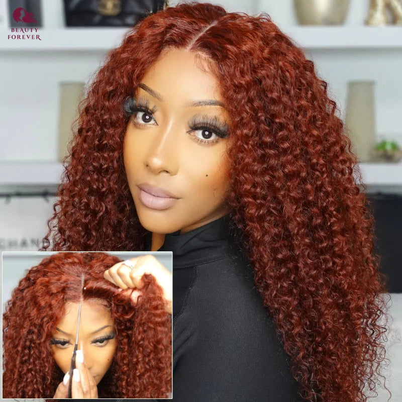 Lace Frontal Wig Curly Glue less Human Hair Wig Reddish Brown Transparent Lace Front Wig