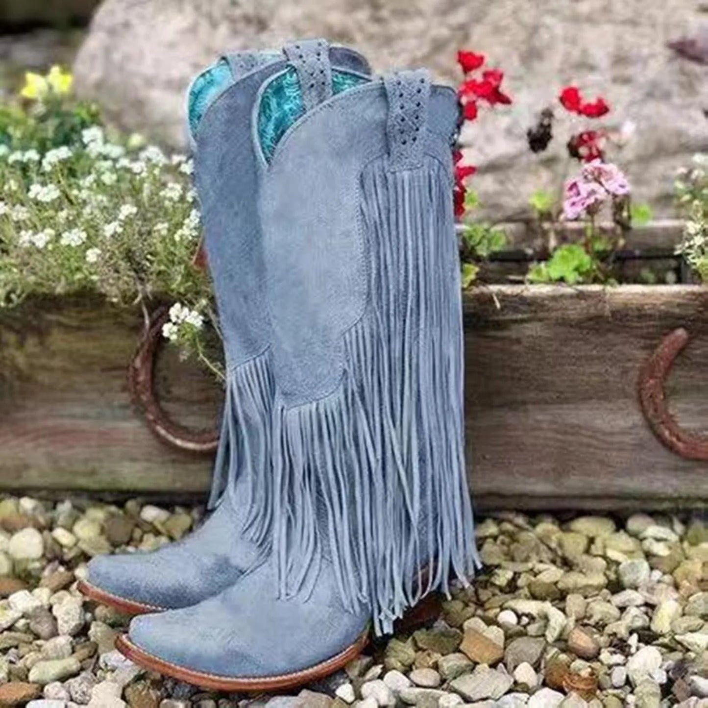 Women's Vintage Fringe Boots Knee-High Low Chunky Heel Pointed Toe Winter Boots High Quality Female Western Cowboy Boots