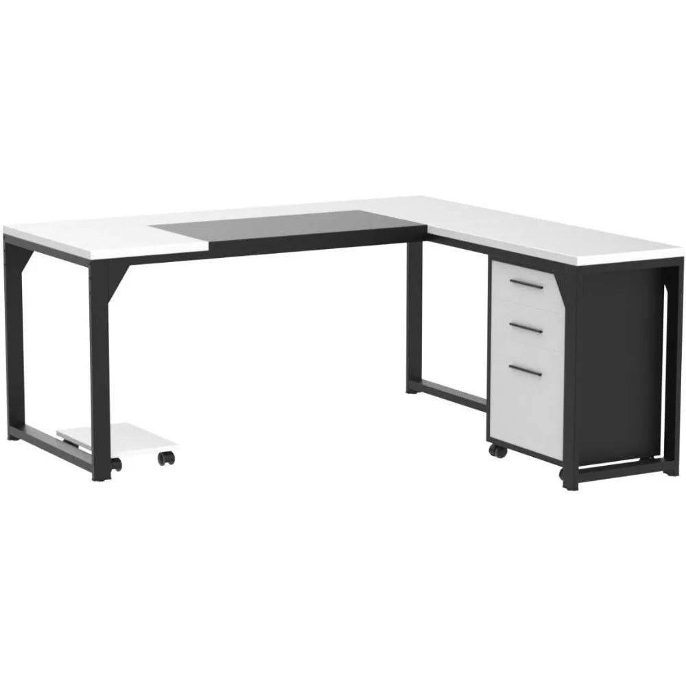 L-Shaped Computer Desk with, Large Executive Desk with 3 Drawer File Cabinet, Home Office Business Set