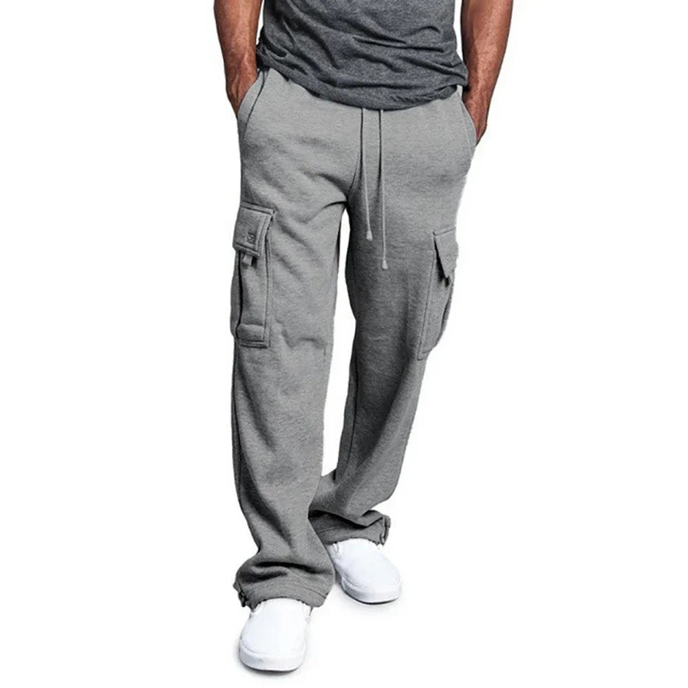 Men's Fleece Cargo Pants Loose Drawstring Sweatpants with Pockets Sports Straight Trousers - theultimatemarketshop