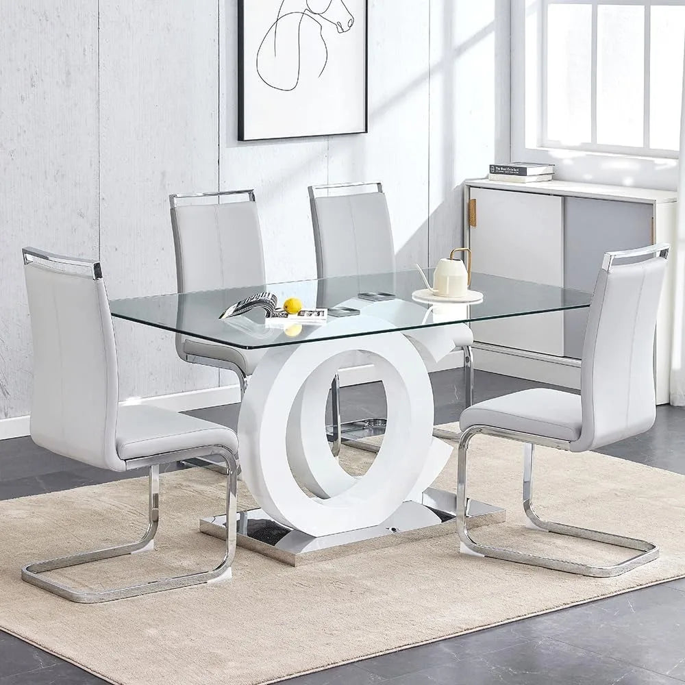 Dining table set, 63 inch modern glass dining table, 4 pieces of PU leather ergonomic home chairs, dining table set