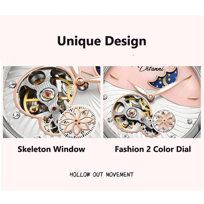 Rotatable Flowers Female Watch Women Top Brand Luxury Fashion Moon Phase Waterproof Automatic Mechanical Watches