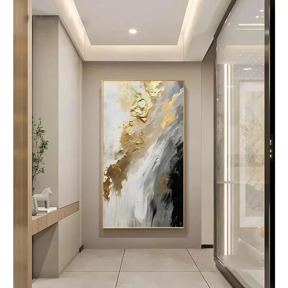 Gold Abstract Oil Painting on Canvas for Entrance-Hall Metal Wall Art Decor