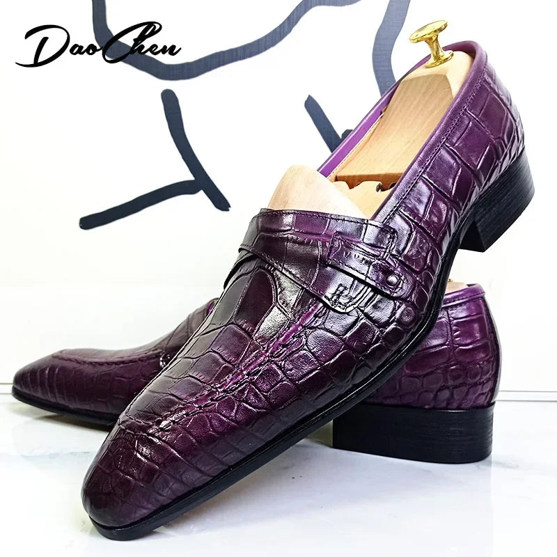 LUXURY  LEATHER MEN LOAFERS  SNAKE PRINT SLIP ON  PURPLE BLACK FOR OFFICE ,WEDDING - theultimatemarketshop