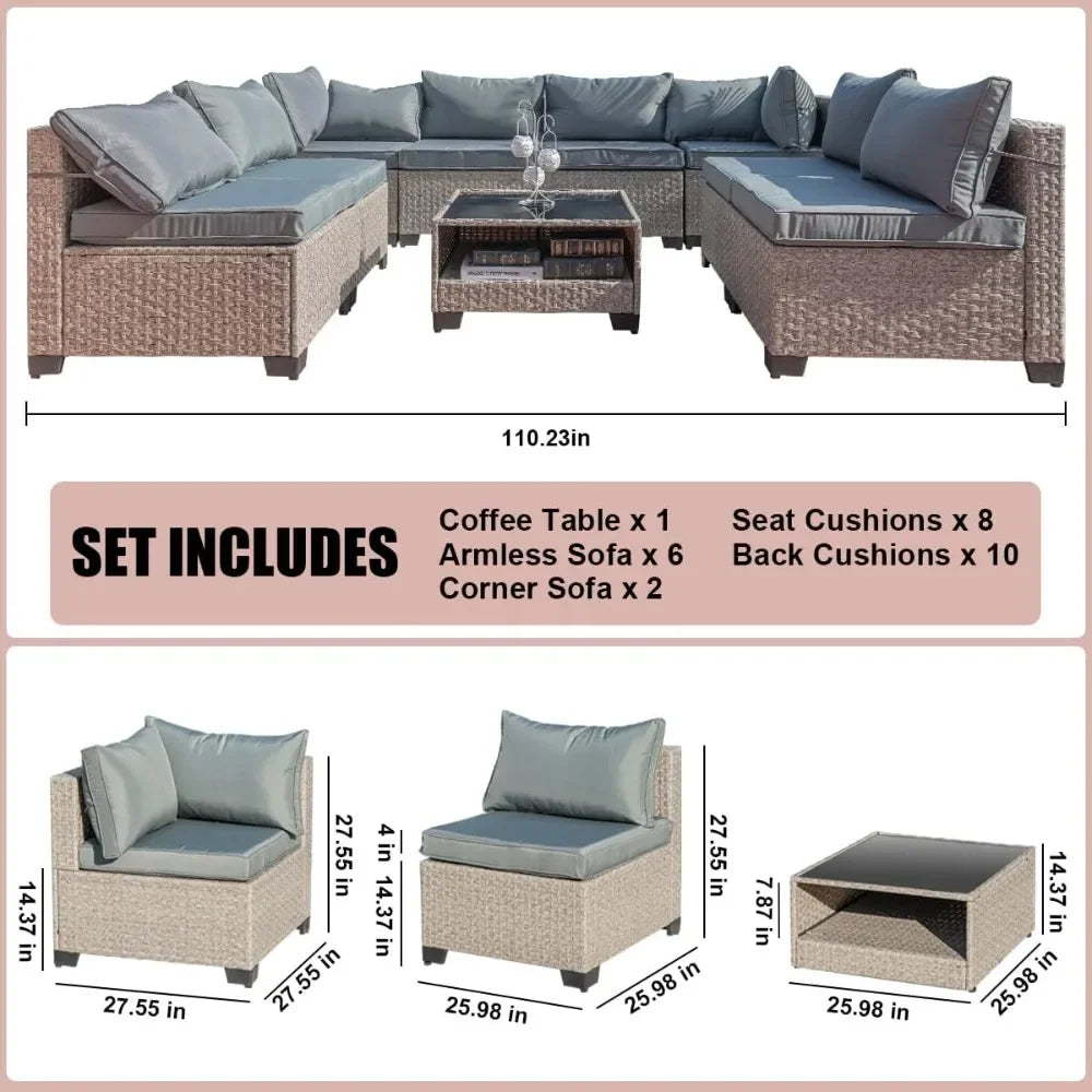 Garden Furniture 9 Pieces Set, Patio Furniture Set with Storage Table and Cushions, All-Weather Couch Sofa,