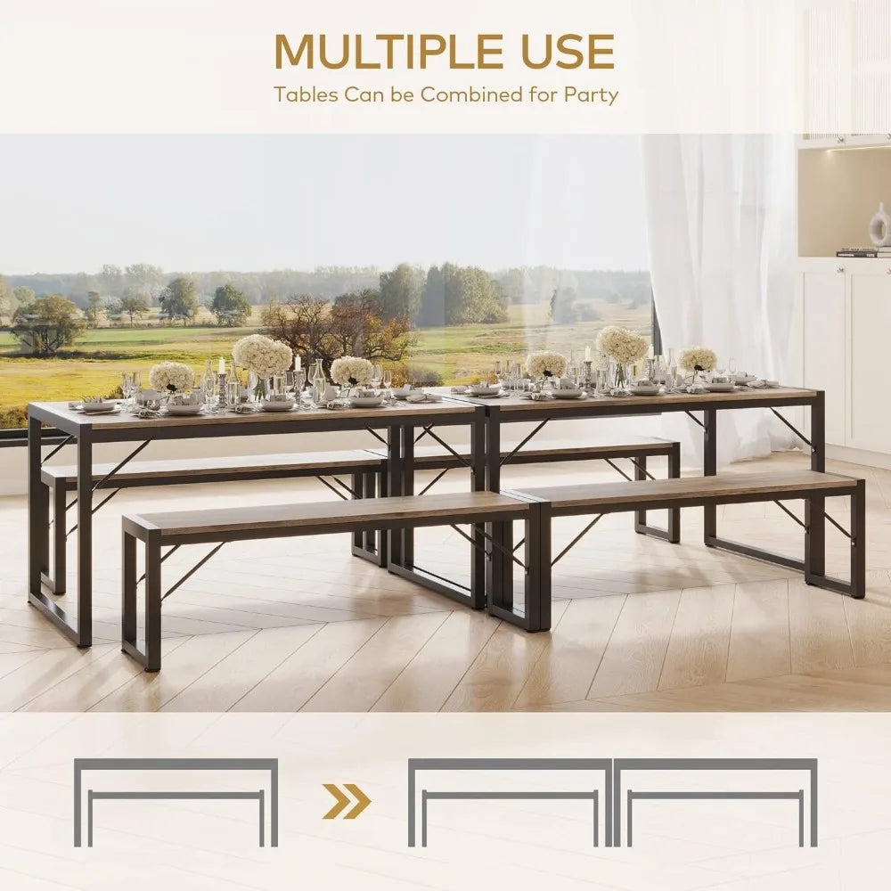 Dining Table Set for 4, Kitchen Table Set with 2 Benches, Dining Room Table Set with Metal Frame