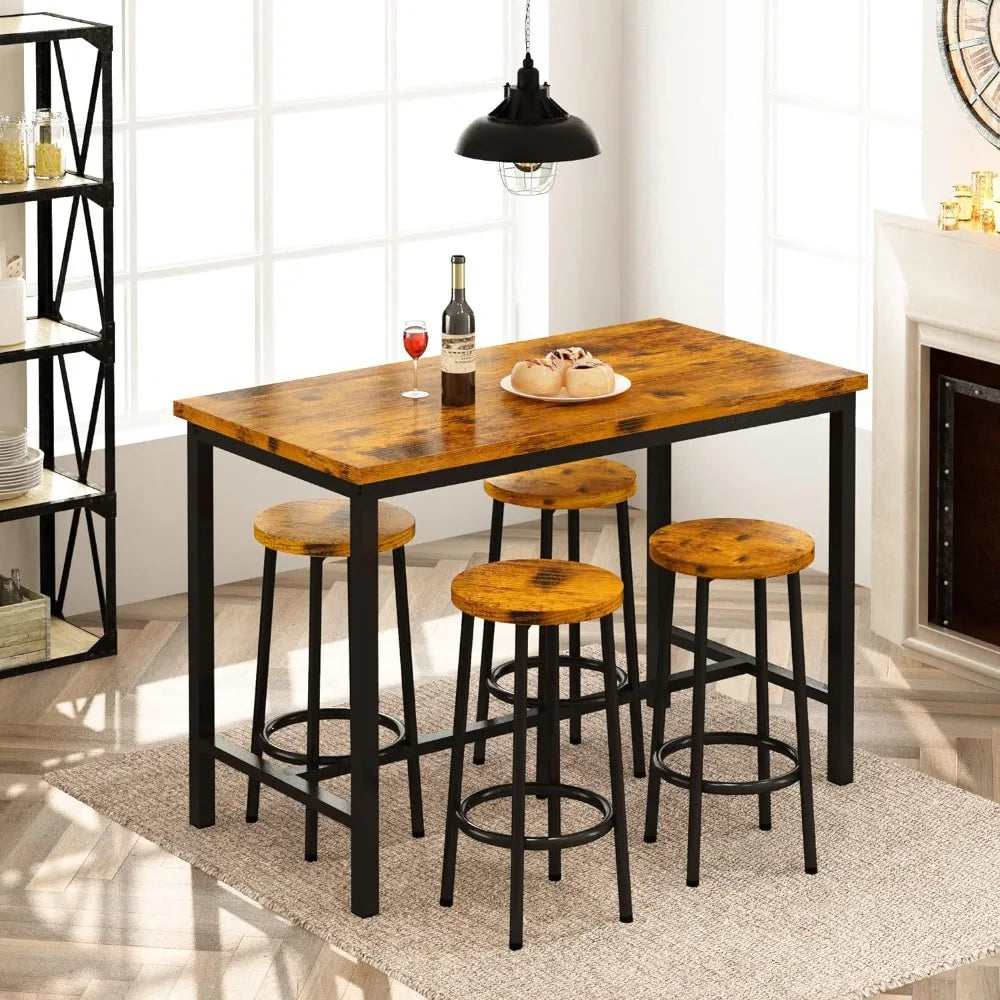 Height Table and Chairs Bar Table with 4 Stools Industrial Counter Height Dining Sets