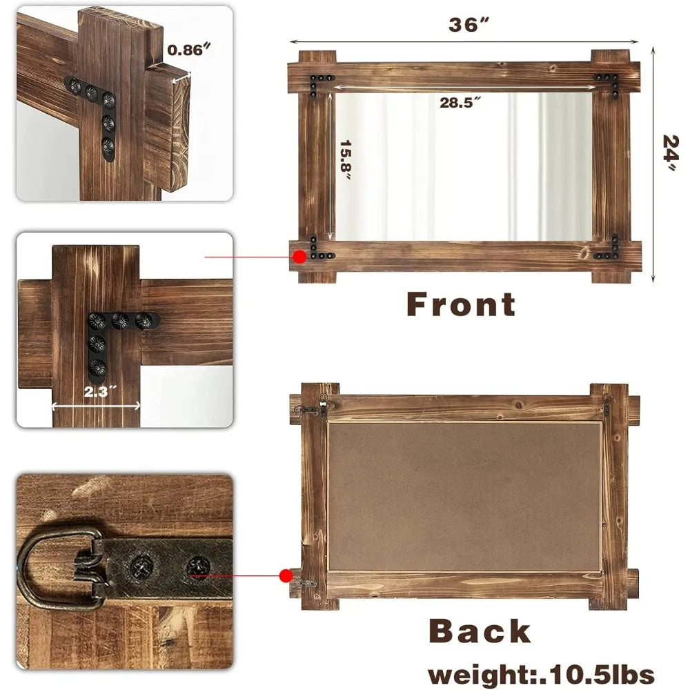 Wall Mounted Mirror, 36 x 24 Inches Wood Framed Bathroom Mirror for Decor,  Living Room, Rustic Wood