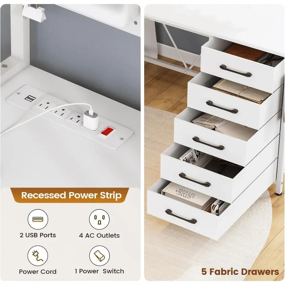 L-shaped Computer Desk with Storage Shelves, Pegboard, LED Lights, Sockets, Home Office Desk, Corner Table, Large Gaming Table