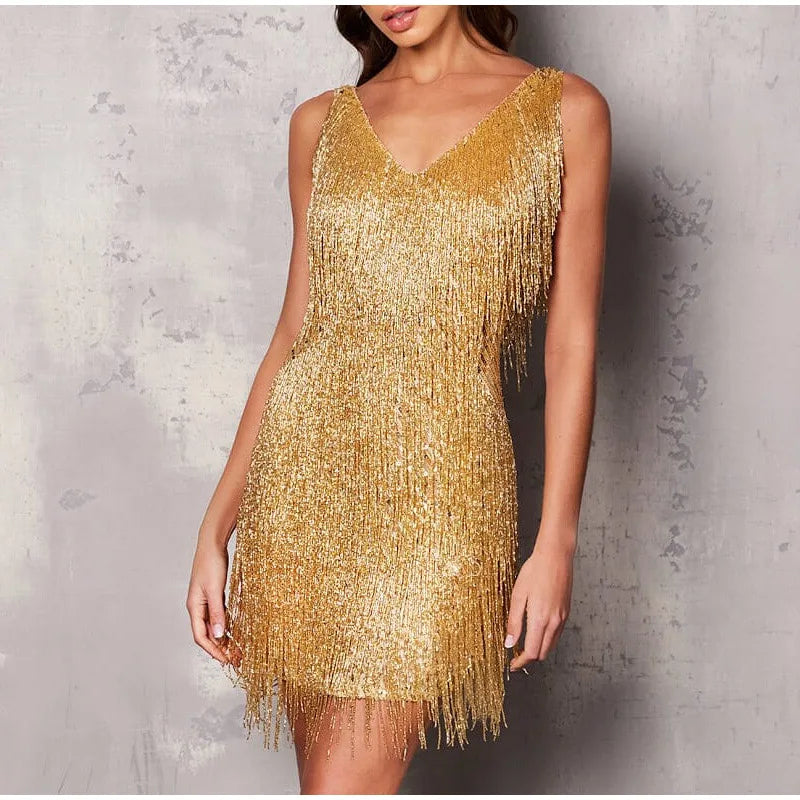 New Sexy Tassel Sequins Feather Mini Dress Women Spaghetti Strap Dress Female Elegant Evening Party Club Dress