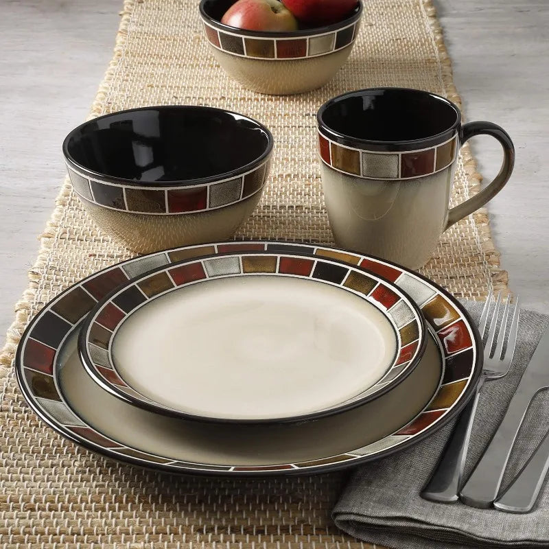 16 Piece Reactive Glaze Dinnerware Set, Dinner Plates, Bowls, Cups and Saucers