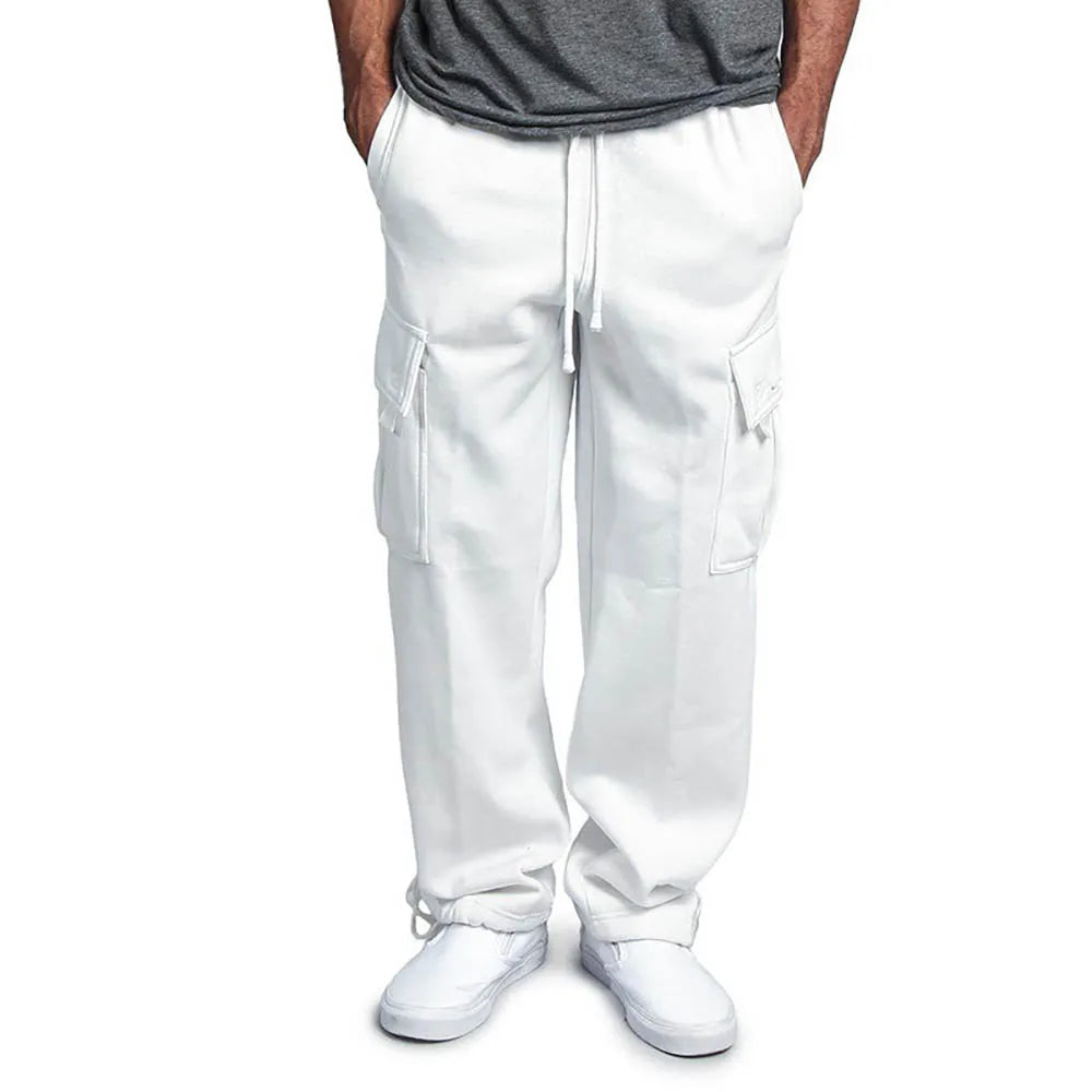 Men's Fleece Cargo Pants Loose Drawstring Sweatpants with Pockets Sports Straight Trousers - theultimatemarketshop