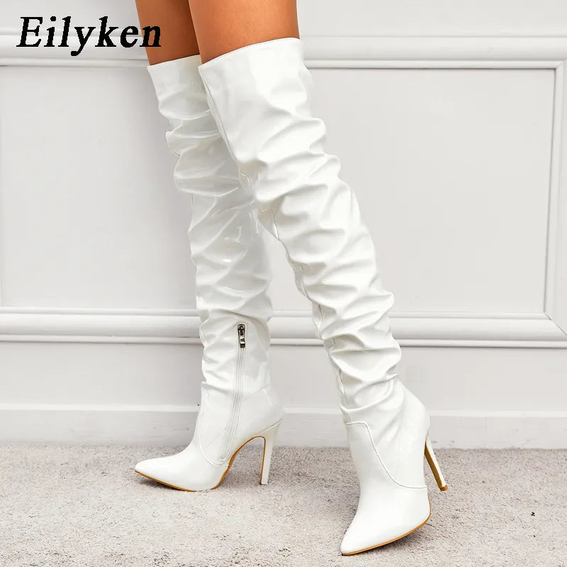 Eilyken Red Women Over The Knee Boots High Heels Patent Leather Solid Pointed Toe Stiletto Side Zipper - theultimatemarketshop