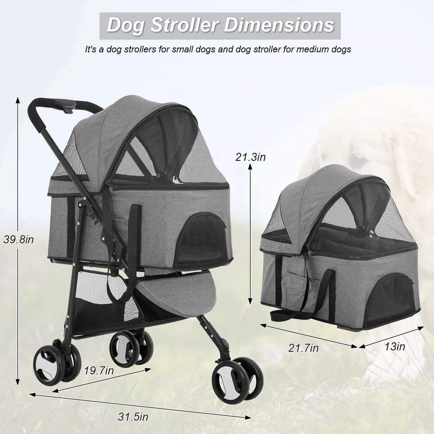 3 Wheels 3-in-1 Pet Stroller Dog Cat Folding Multifunction Travel Stroller Grey