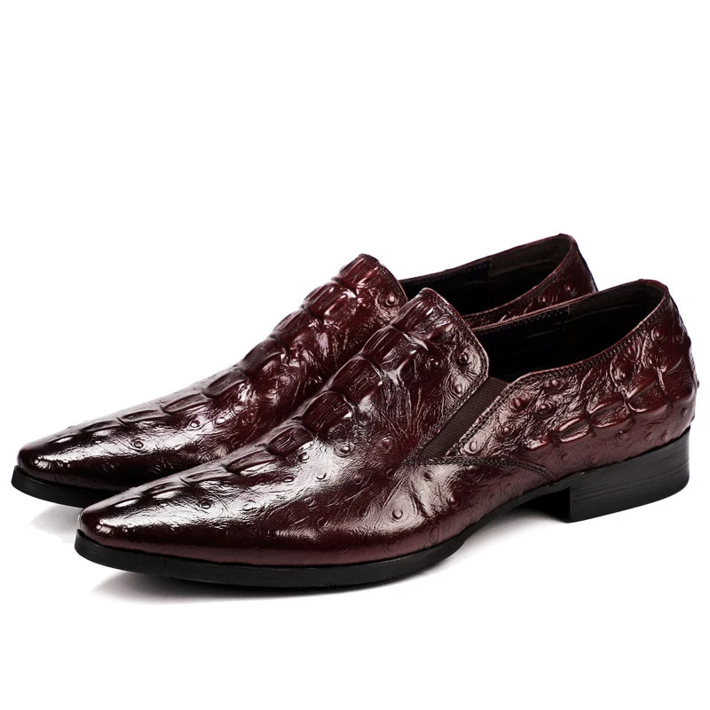 Phenkang Men Genuine Leather Pointed Toe Leather Crocodile Embossed Pattern Slip On Brogues Dress Shoes - theultimatemarketshop