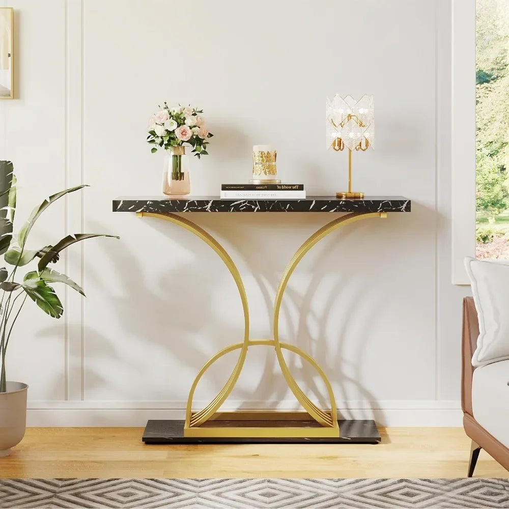 Gold Console Modern Hallway Table for 40 inch Entryway Sofa Table Faux Marble Black - theultimatemarketshop