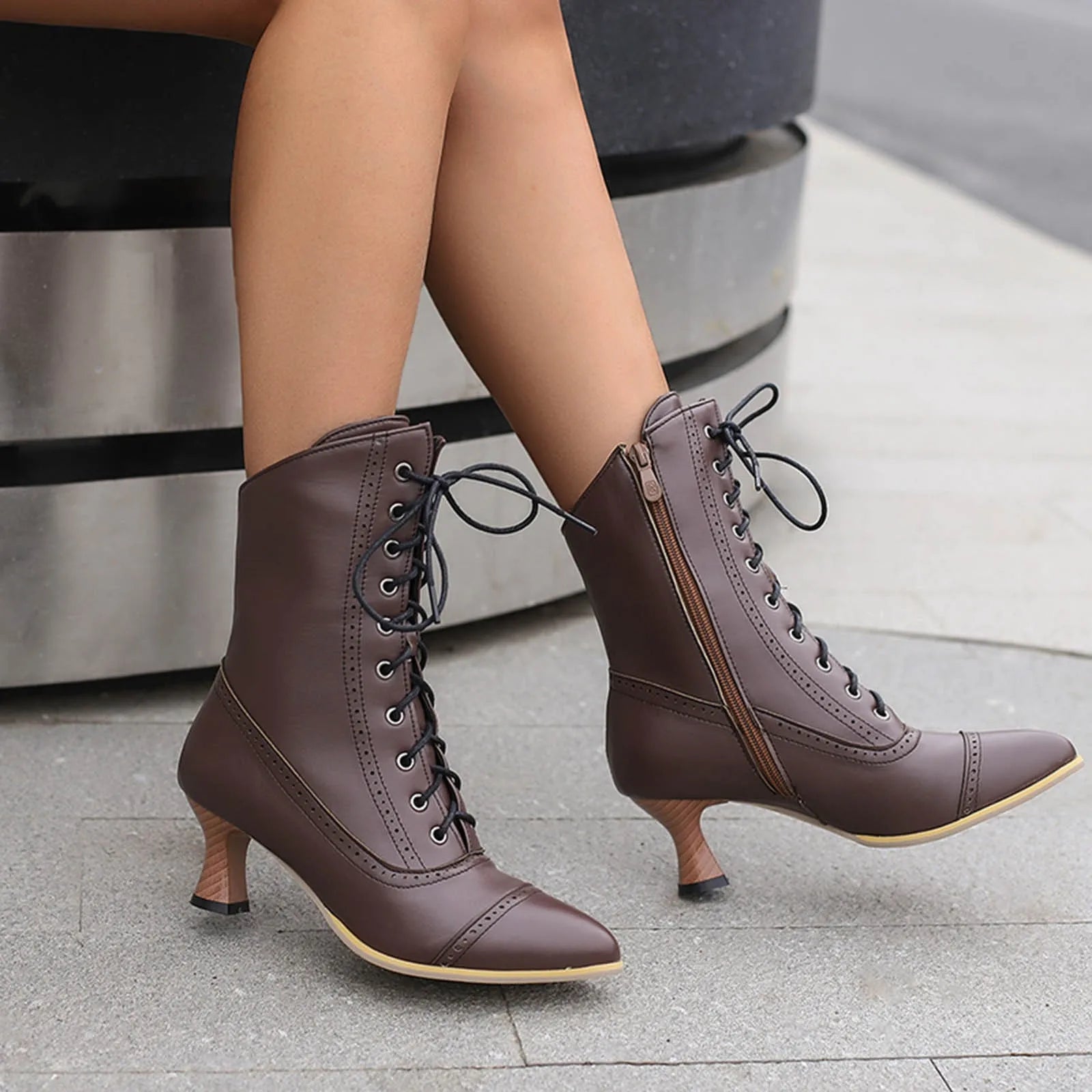 Victorian Boots Women Fashion Pointed Toe Winter Lace Up Ladies High Heel - theultimatemarketshop