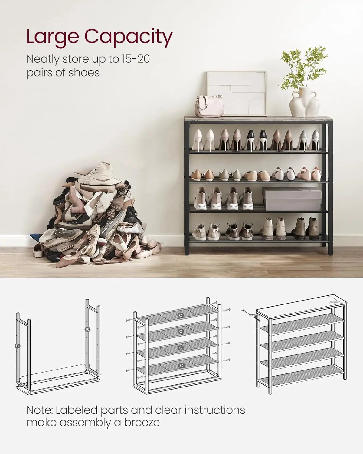 Shoe Rack, Organizer for Closet with 4 Mesh Shelves and Large Top for Bags, Entryway Hallway Shelf, Steel Frame