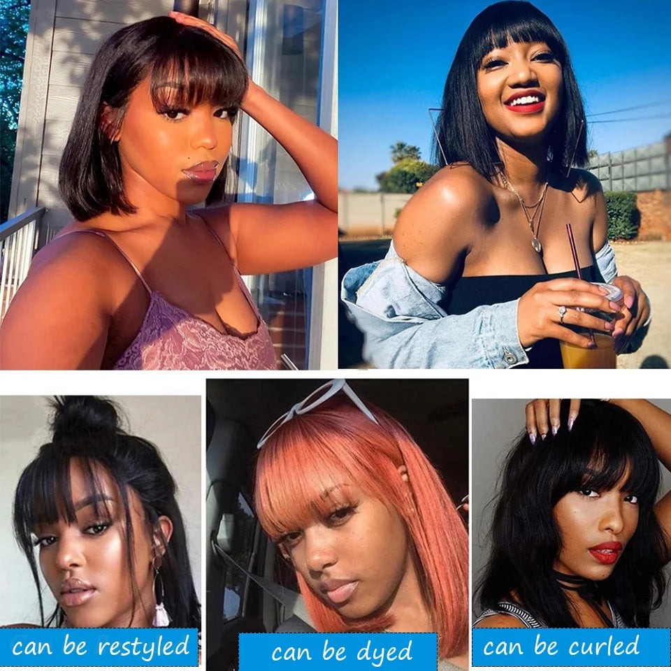 Brazilian Human Hair Wig with Bangs Remy Straight Hair Bob. 8-16 Inches Not Lace front Wig. - theultimatemarketshop