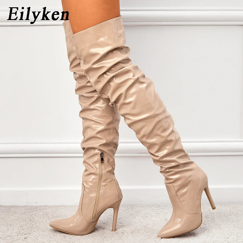 Eilyken Red Women Over The Knee Boots High Heels Patent Leather Solid Pointed Toe Stiletto Side Zipper - theultimatemarketshop