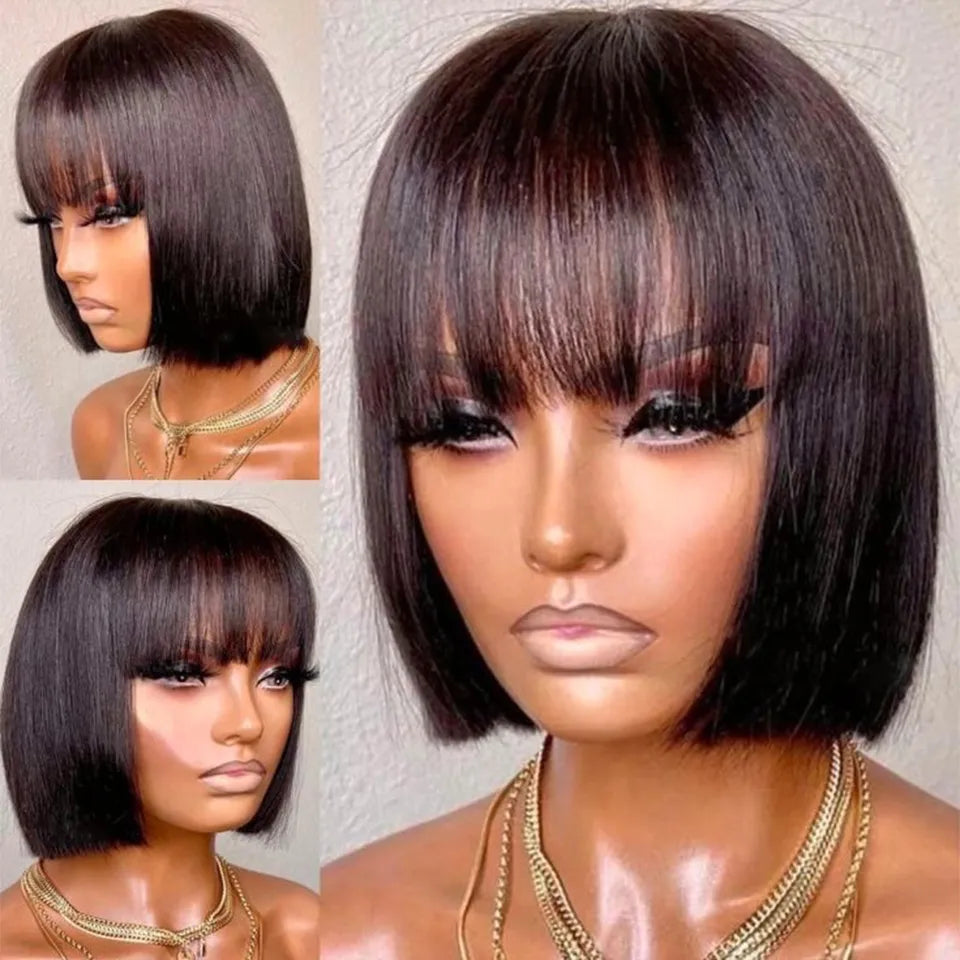 Brazilian Human Hair Wig with Bangs Remy Straight Hair Bob. 8-16 Inches Not Lace front Wig. - theultimatemarketshop