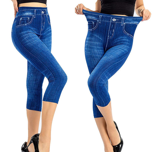 Women Stretch Printed Short Legging Plus Size Calf-length Pants  High Waist Jeggings