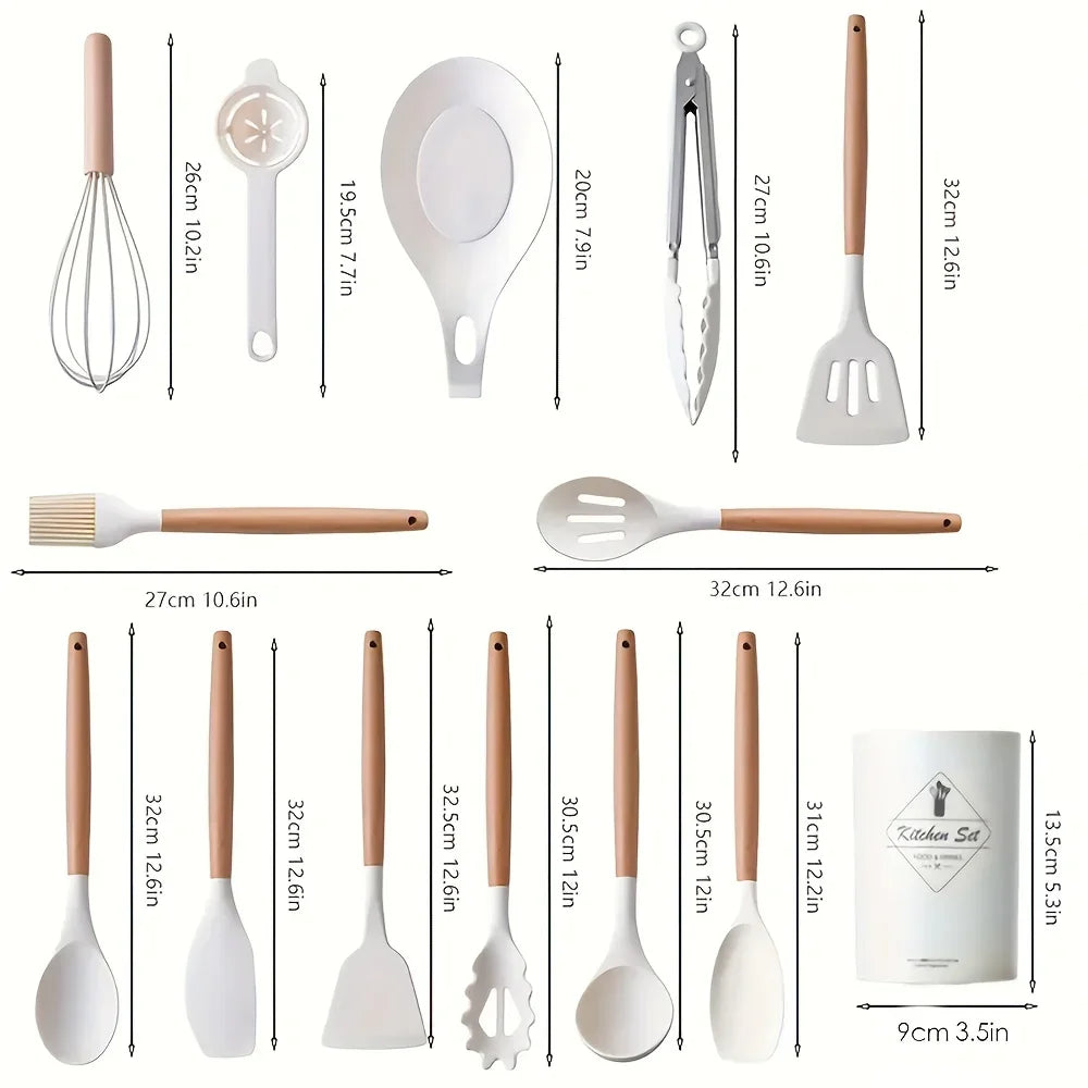 14pcs/set, Silicone Utensil Set, White Kitchen Utensil Set, Safety Cooking Utensils With Storage Bucket, Non-Stick Cooking