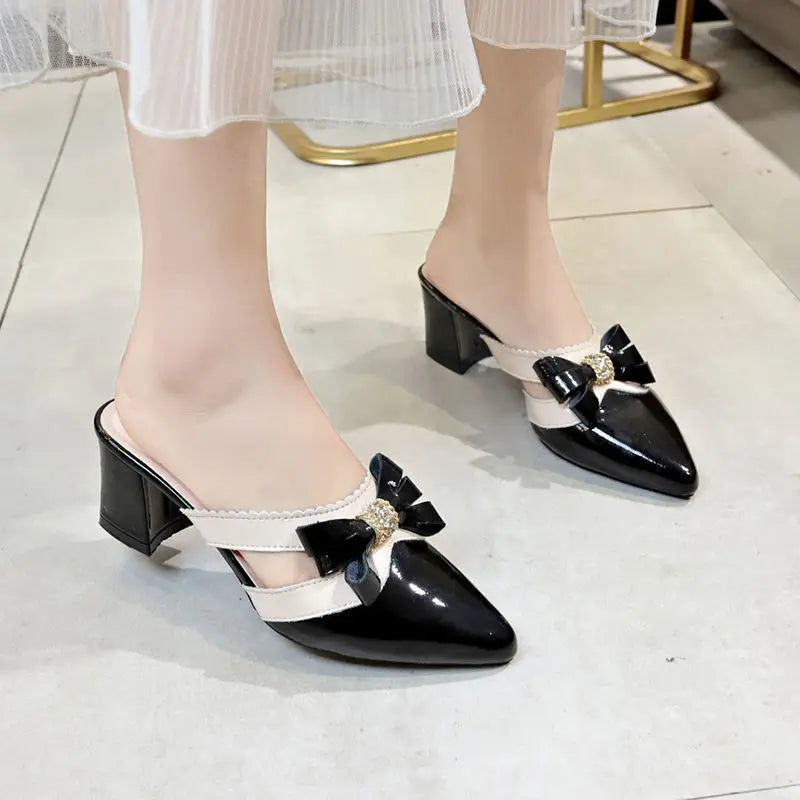 Women's Slippers and Ladies Sandals Jewels Summer 2024 Crystals Slides Pointed Toe Shoes Black Heeled Mules Rhinestone with Bow