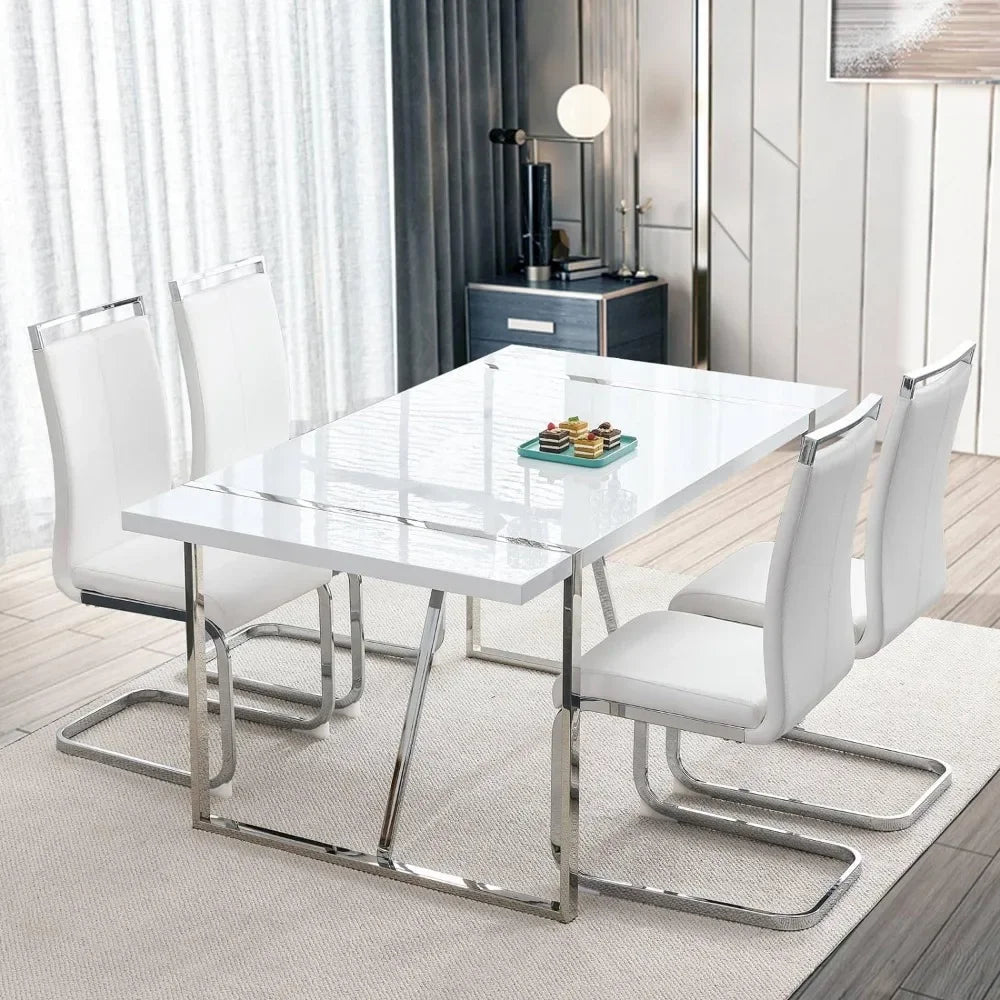 4 metal frame chairs+1 white rectangular dining table set, size 55 x 55 x 29.2, strong load-bearing capacity