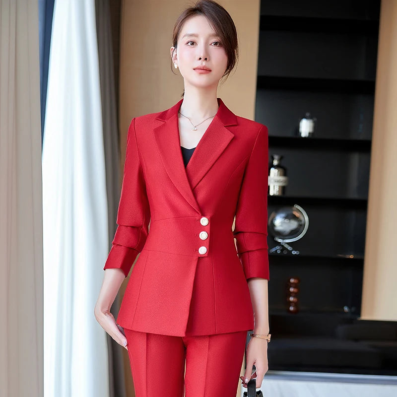 High Quality Pants Suit Ladies Blue Red Black Women Business Work Wear Formal 2 Piece Set Female Blazer Jacket And Trousers