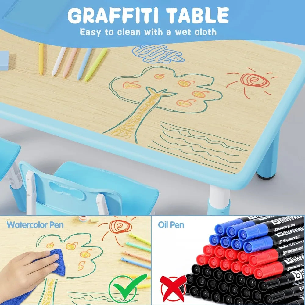 Kids Table and 4 Chairs Height Adjustable Toddler Table and Chair Set Graffiti Desktop Non-Slip Legs