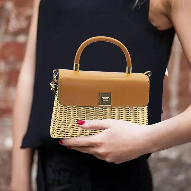 Summer Straw Shoulder Bag For Women  Rattan Woven Top Handle Bag