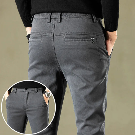 Men's Casual Pants Elastic Waist Thick Classic Slim Trousers - theultimatemarketshop