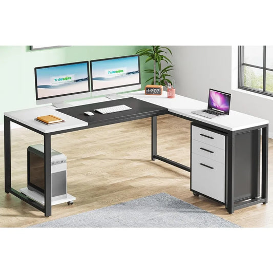 L-Shaped Computer Desk with, Large Executive Desk with 3 Drawer File Cabinet, Home Office Business Set