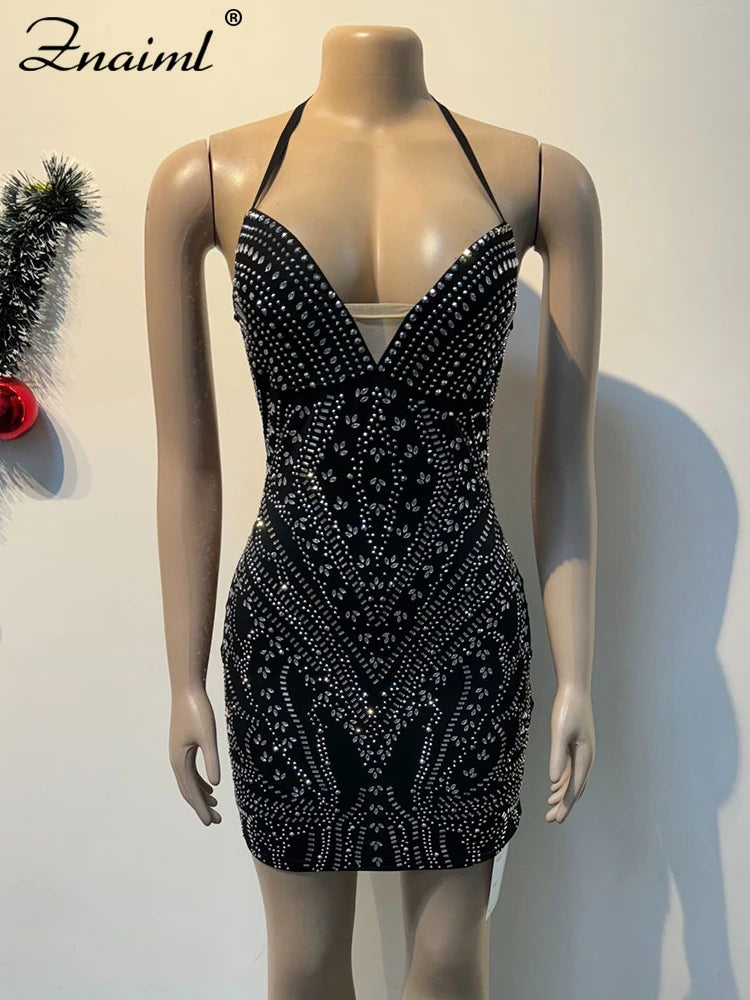 Fashion Rhinestone Halter Sleeveless Stretch Slim Fit Dresses Girls Sexy Night Club Mini Short Dress