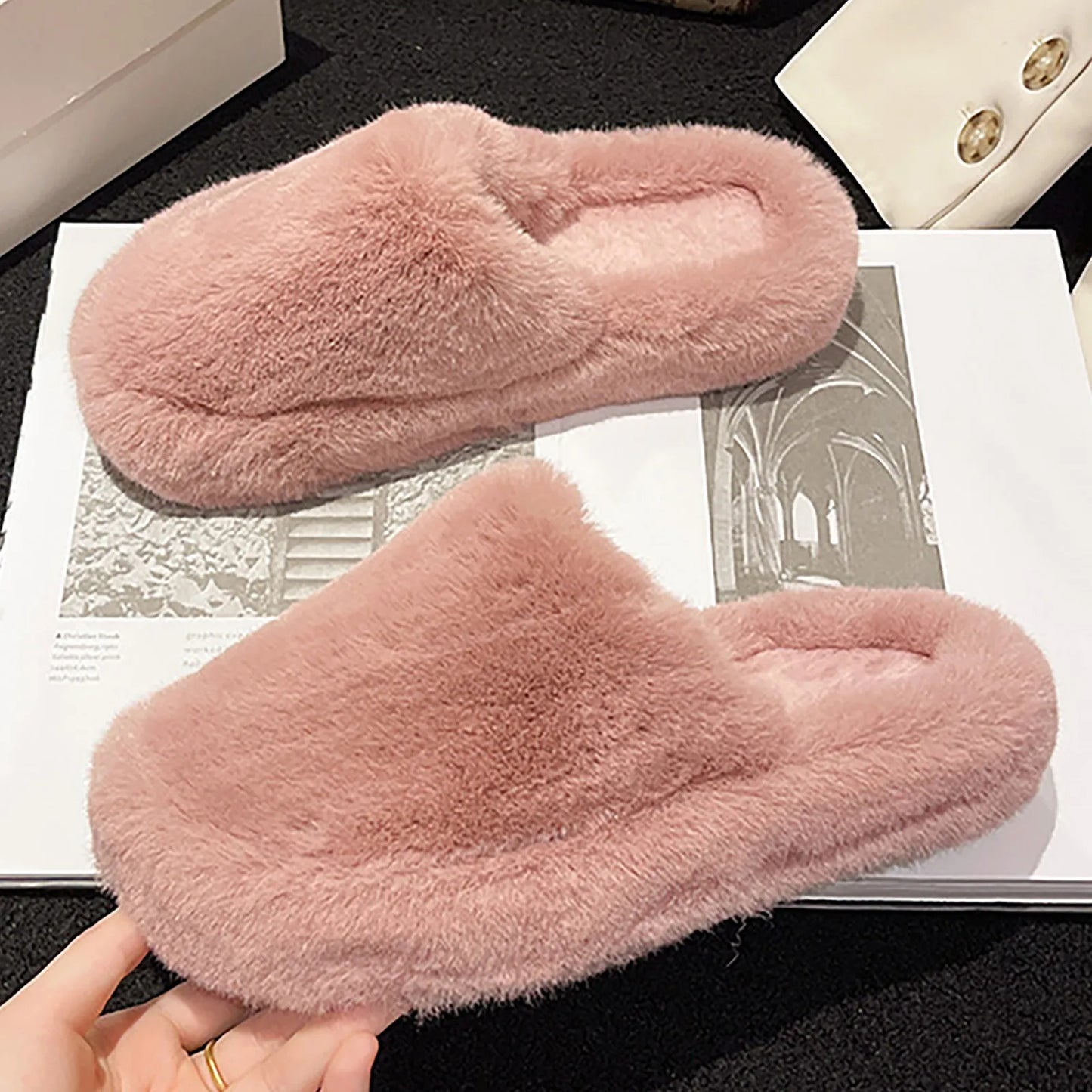 Winter Women Solid Color Fur Slippers Home Indoor Fluffy Slides Warm Plush Bedroom Shoes