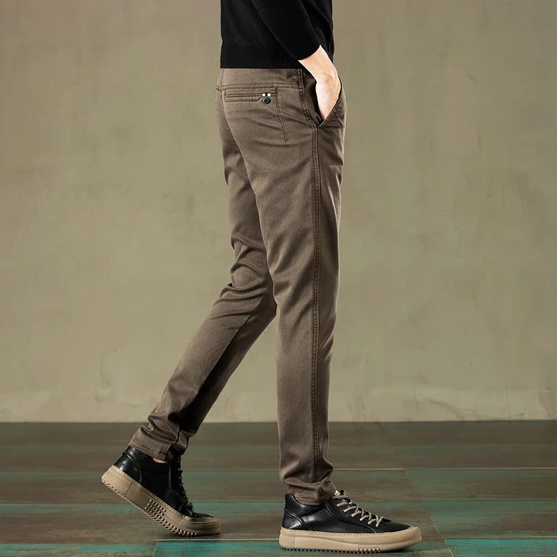 Men's Casual Pants Elastic Waist Thick Classic Slim Trousers - theultimatemarketshop