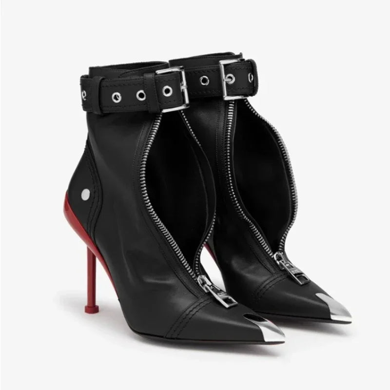 Belt Buckle Front Zipper Fashion Show Short Boots Women's Autumn/Winter New Pointed Metal Decoration Red High Heels Ankle Boots