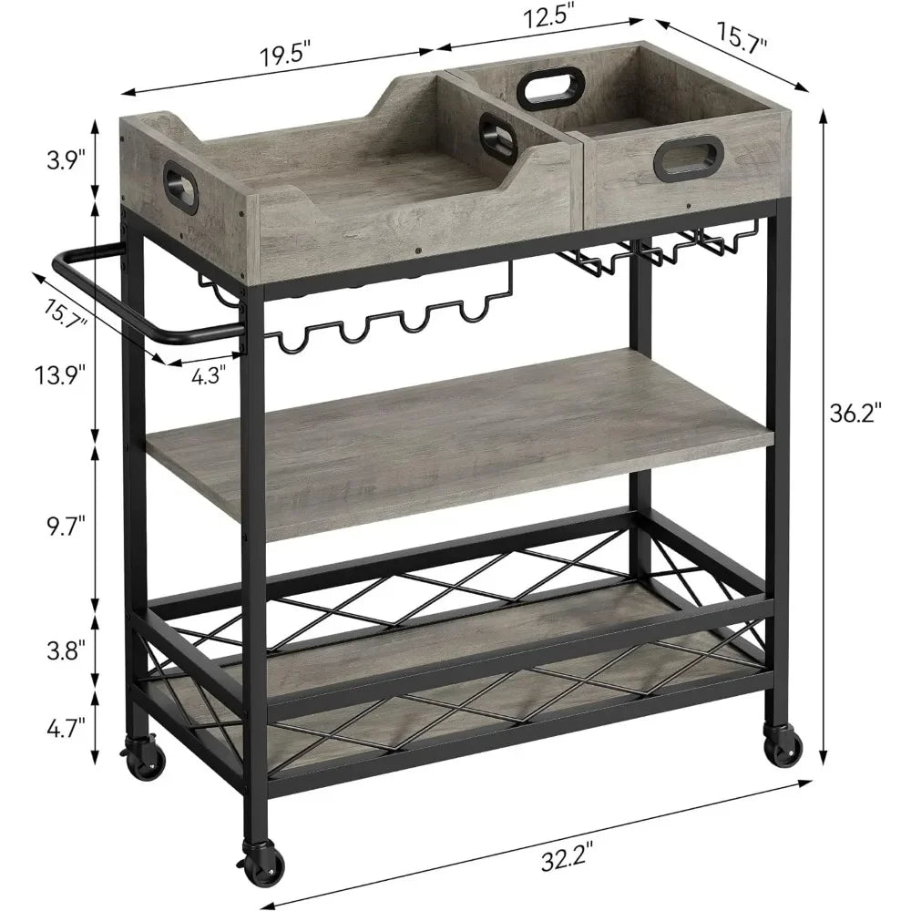 Wine Rack Industrial Serving Cart for Kitchen Two Portable Trays Glass Holder Barware Dining Bar