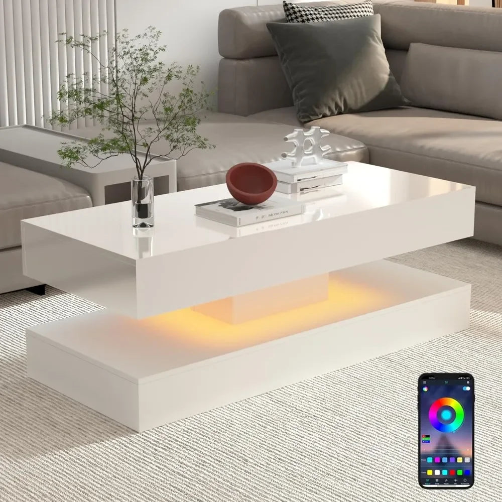 47.3IN High Glossy LED Coffee Table, LED Lights, Black/White, Modern Furniture for Living Room