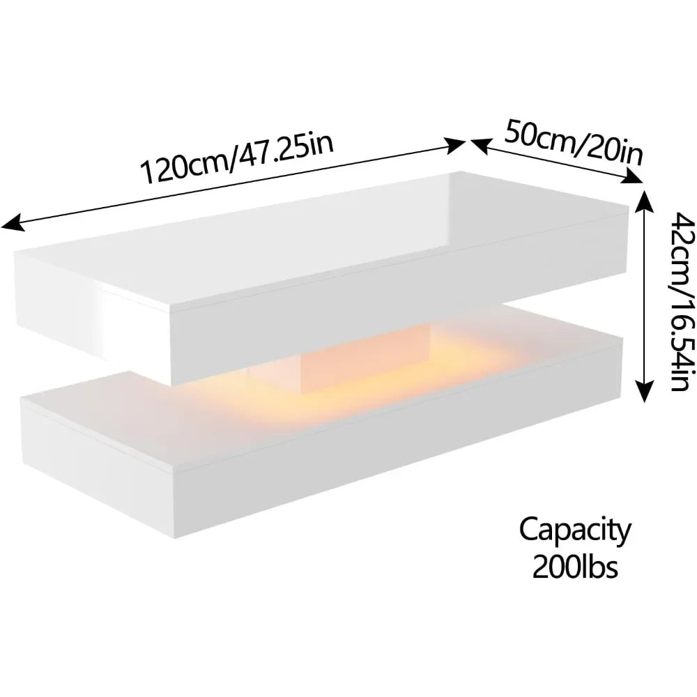 47.3IN High Glossy LED Coffee Table, LED Lights, Black/White, Modern Furniture for Living Room