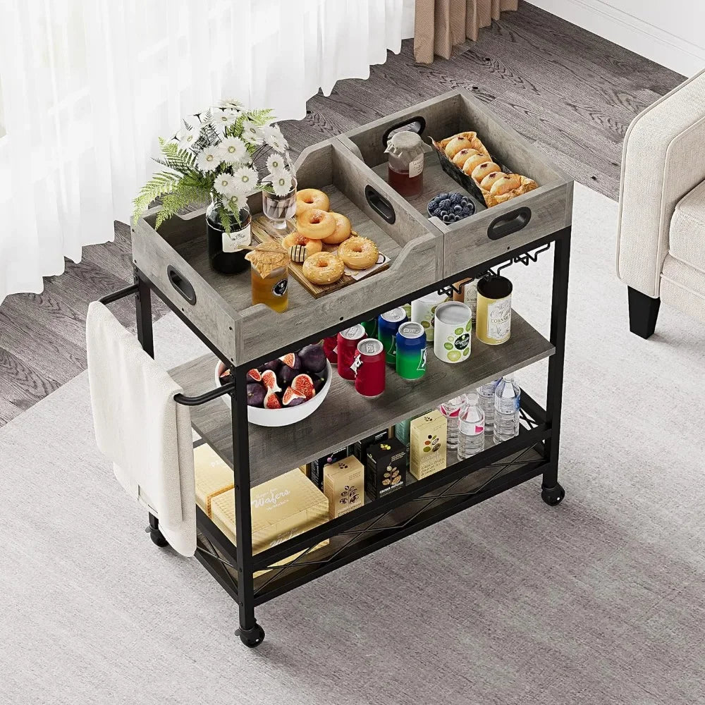 Wine Rack Industrial Serving Cart for Kitchen Two Portable Trays Glass Holder Barware Dining Bar