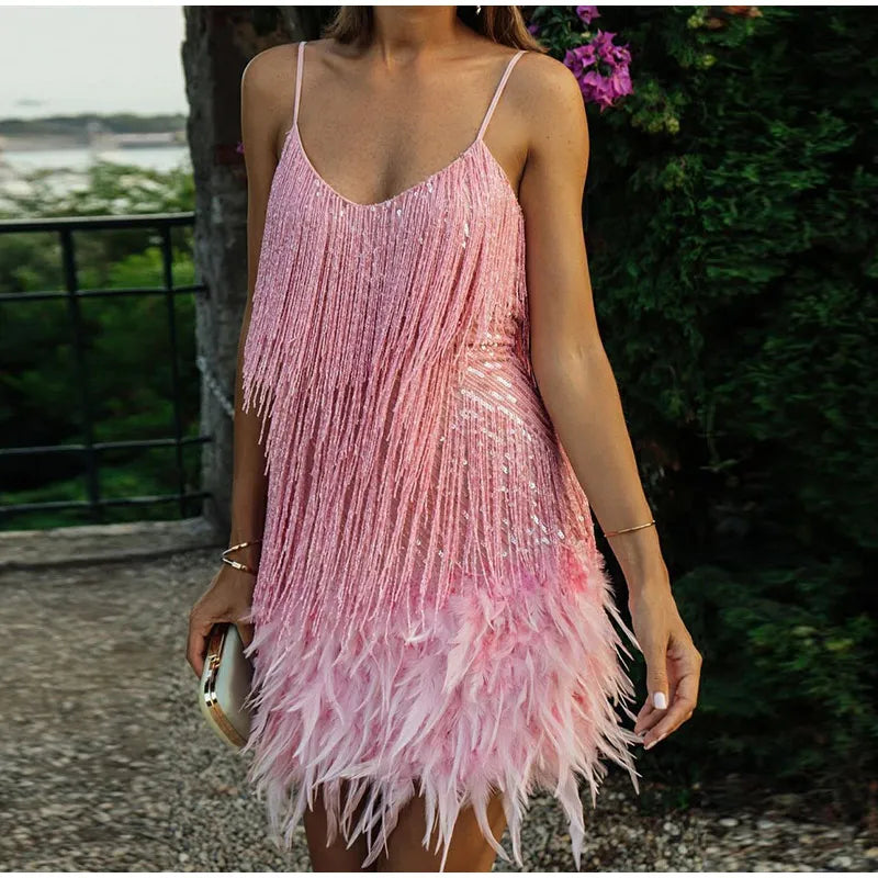 New Sexy Tassel Sequins Feather Mini Dress Women Spaghetti Strap Dress Female Elegant Evening Party Club Dress