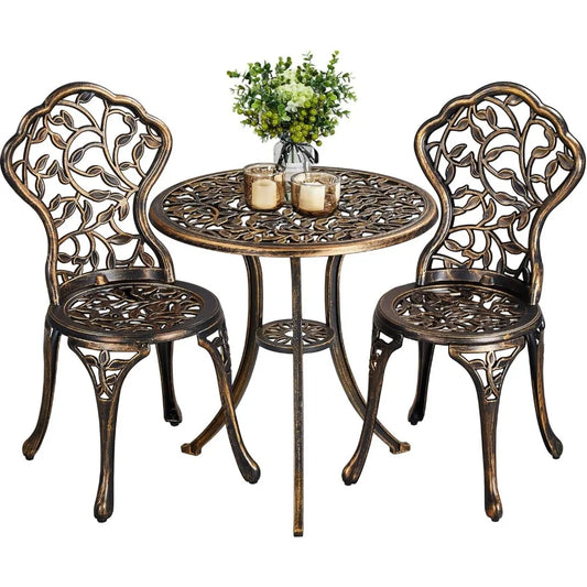 3-Piece Outdoor Bistro Set w/Leaf Design, Rust-Resistant Cast Aluminum Table and Chairs for Balcony Backyard Garden