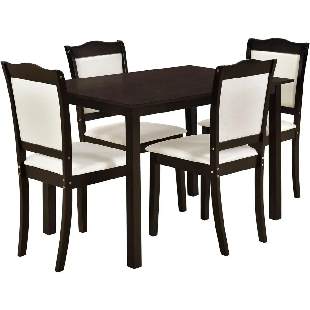 5-Piece Dining Table Set, Solid Wood Kitchen Table Set with Rectangular Table and 4 Upholstered Chairs