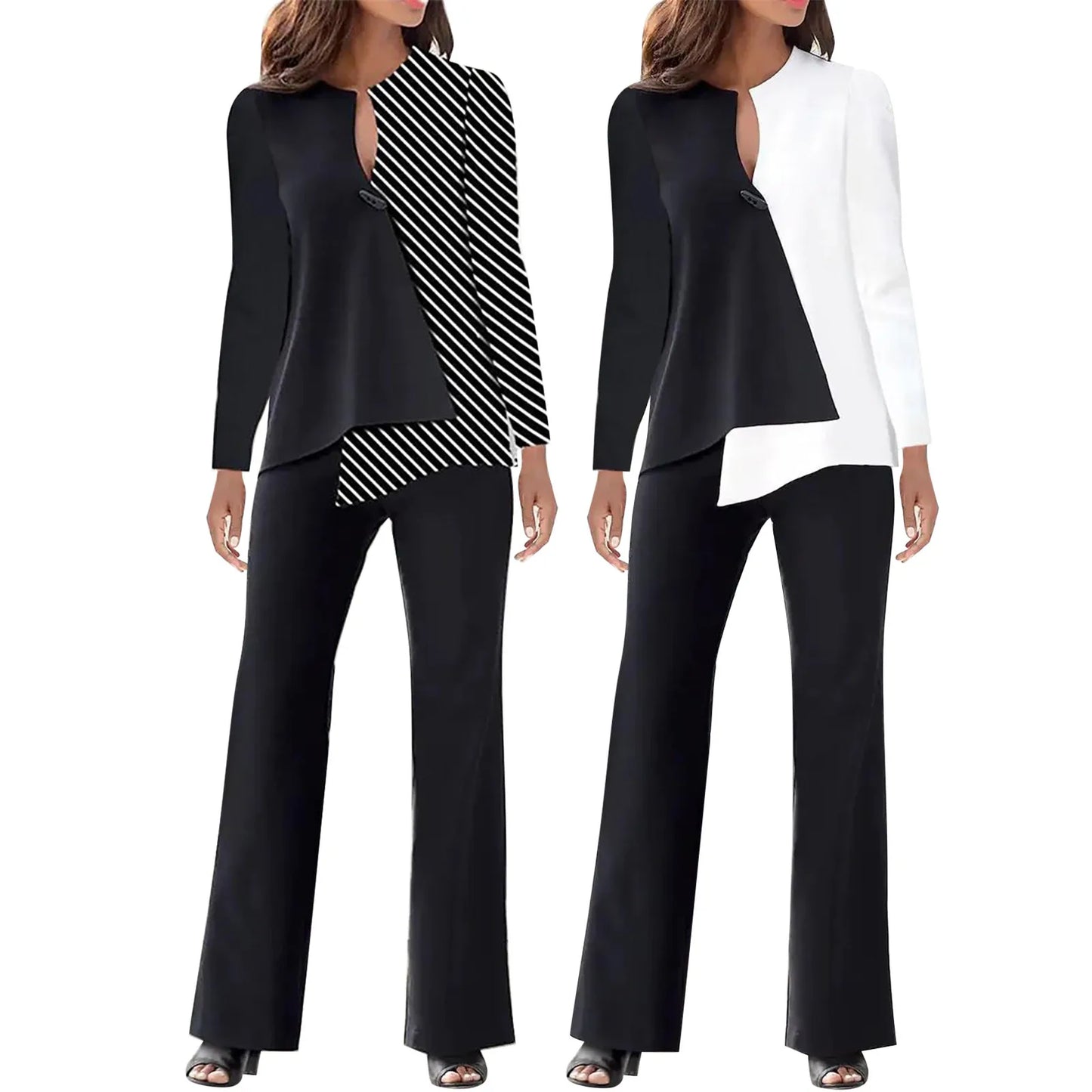 Office Lady 2 Piece Outfits Casual Long Sleeve Color block Top Loose Wide Leg Pants - theultimatemarketshop